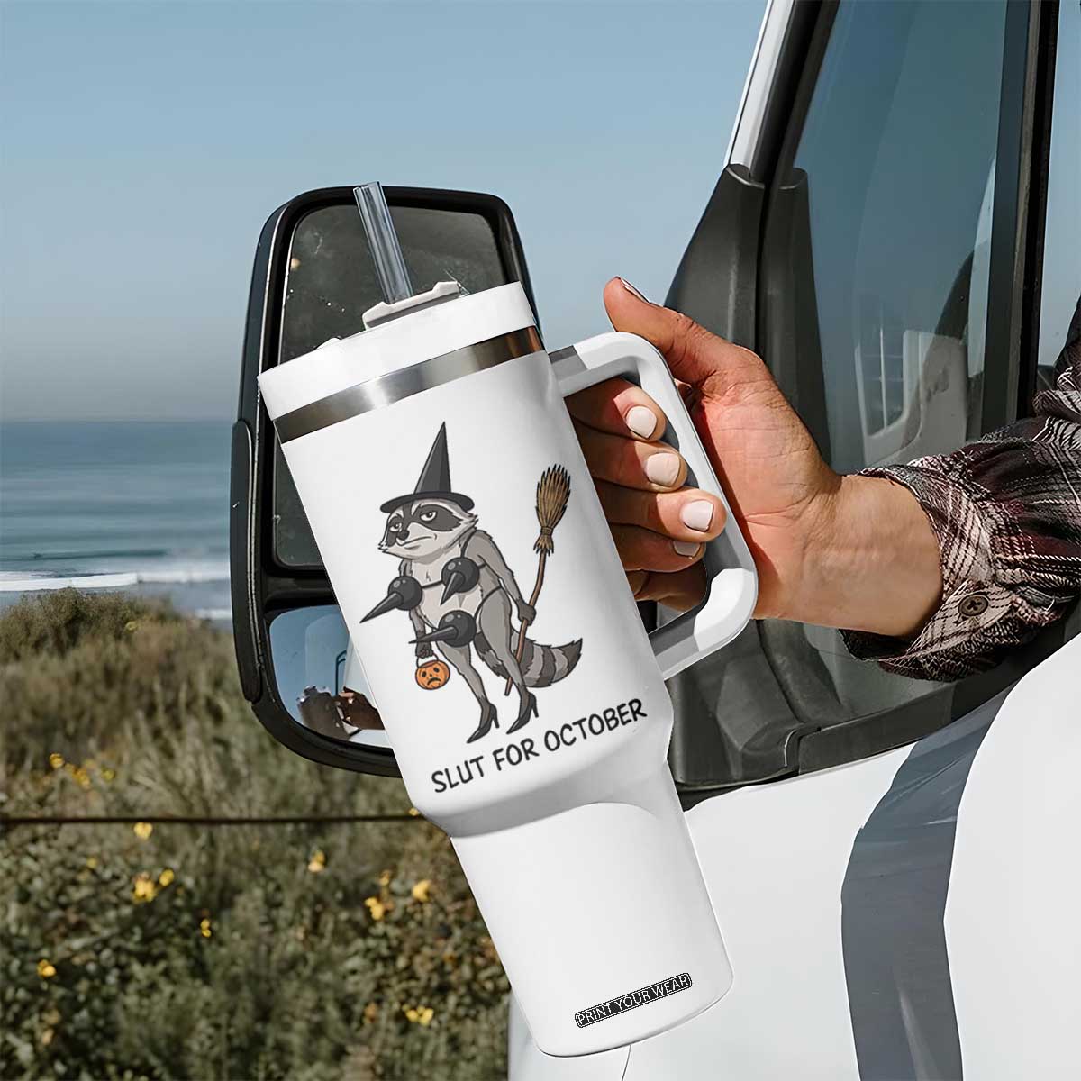 Funny Trashy Raccoon Witch Halloween Tumbler With Handle Slut For October