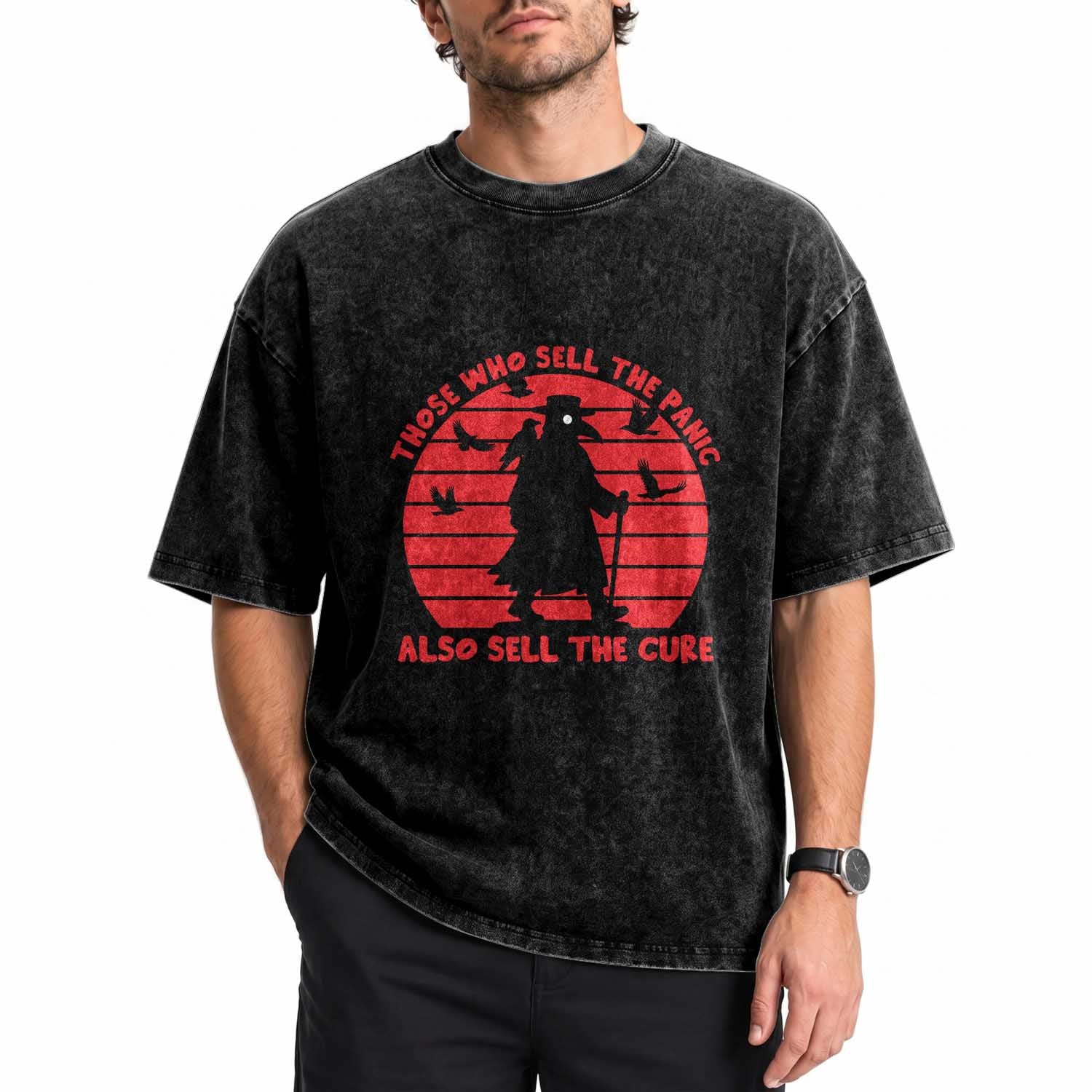 Vintage Plague Doctor Washed Cotton T-Shirt Those Who Sell The Panic Also Sell The Cure