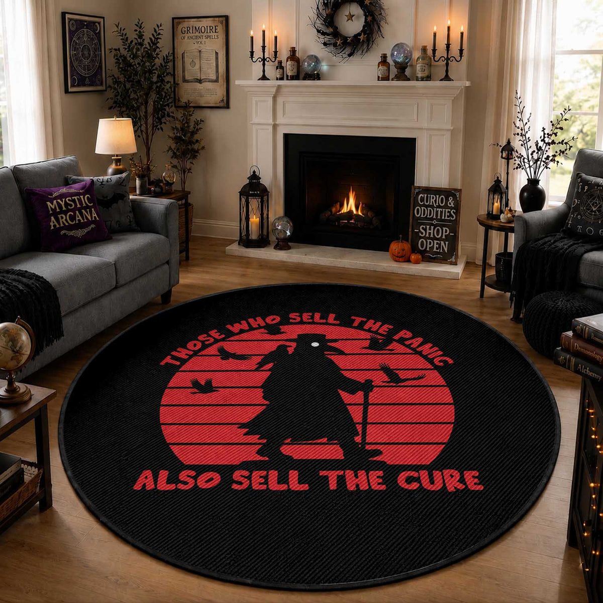 Vintage Plague Doctor Round Rug Those Who Sell The Panic Also Sell The Cure