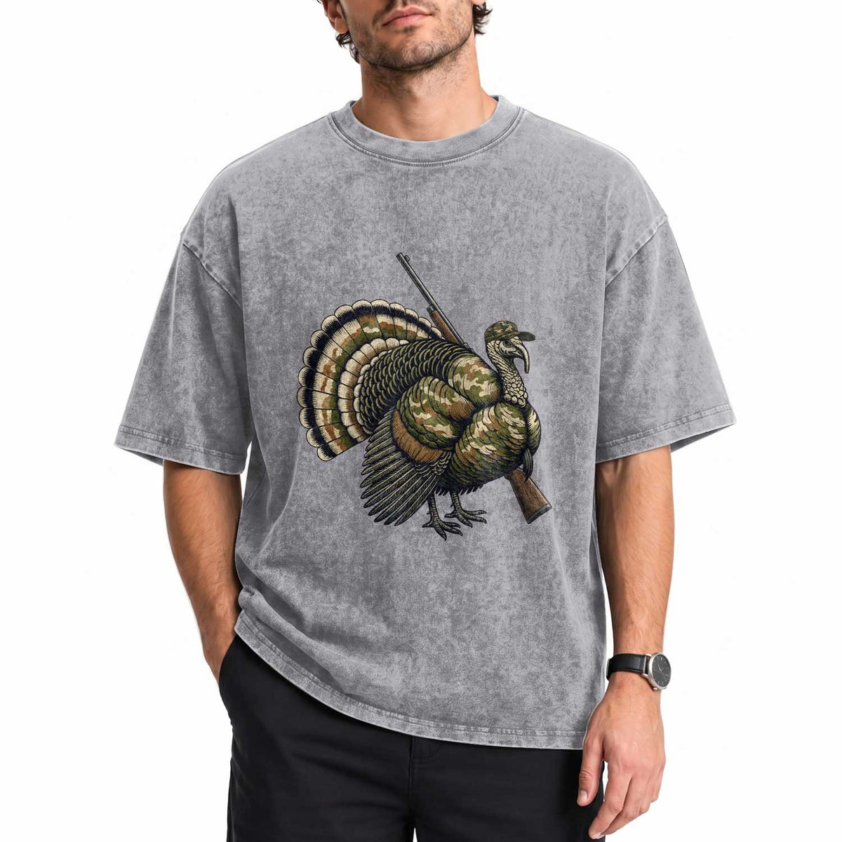 Funny Camo Turkey Hunter Rifle Gift Washed Cotton T-Shirt