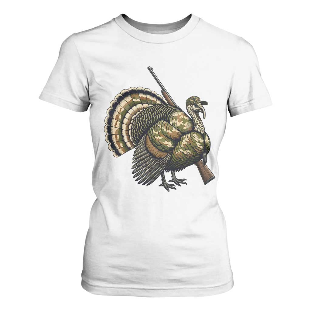 Funny Camo Turkey Hunter Rifle Gift T Shirt For Women TS12 White Print Your Wear
