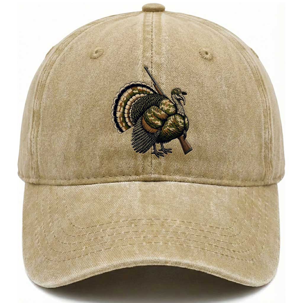 Funny Camo Turkey Hunter Rifle Gift Washed Cotton Baseball Cap TS12 Washed Cap Universal Fit Khaki Print Your Wear