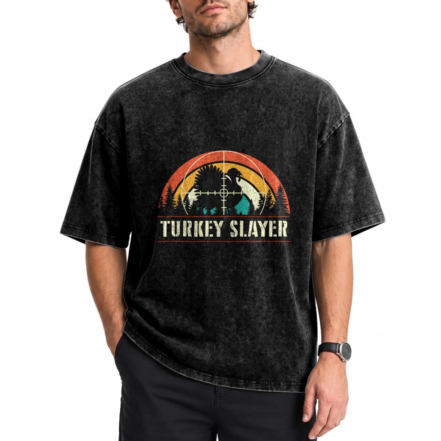 Turkey Slayer Washed Cotton T-Shirt Vintage Sunset Hunting Season Gift