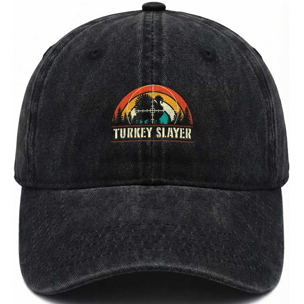 Turkey Slayer Washed Cotton Baseball Cap Vintage Sunset Hunting Season Gift TS12 Washed Cap Universal Fit Black Print Your Wear