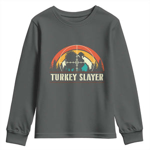 Turkey Slayer Youth Sweatshirt Vintage Sunset Hunting Season Gift TS12 Dark Heather Print Your Wear