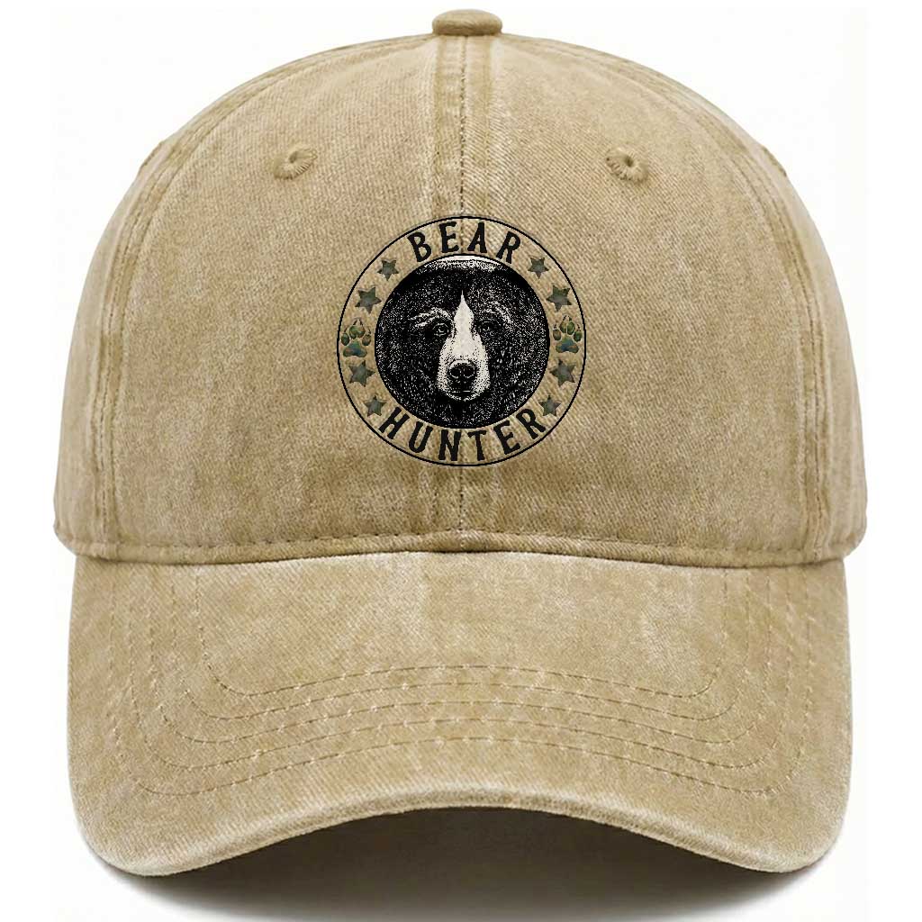 Bear Hunter Washed Cotton Baseball Cap Funny Hunting Season Gift TS12 Washed Cap Universal Fit Khaki Print Your Wear