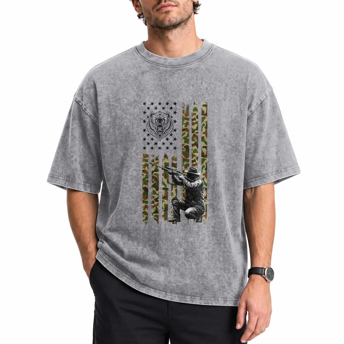 Bear Hunting Washed Cotton T-Shirt Camo American Flag Hunter Gift