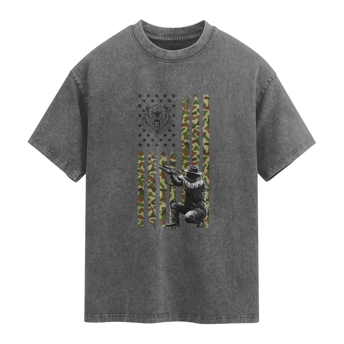 Bear Hunting Washed Cotton T-Shirt Camo American Flag Hunter Gift