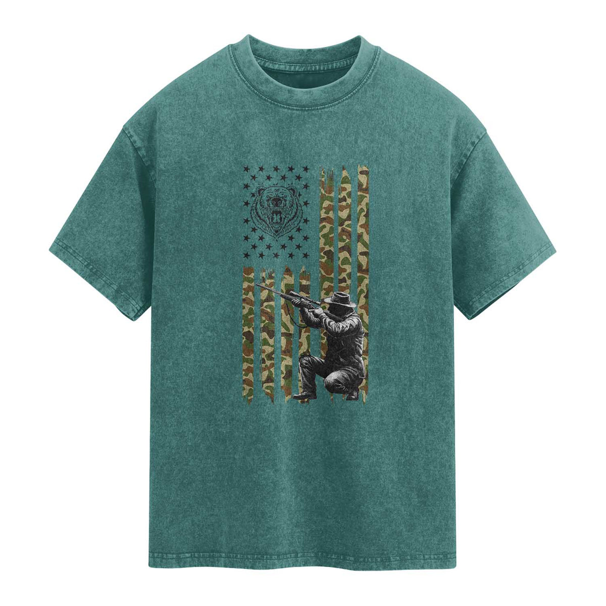 Bear Hunting Washed Cotton T-Shirt Camo American Flag Hunter Gift