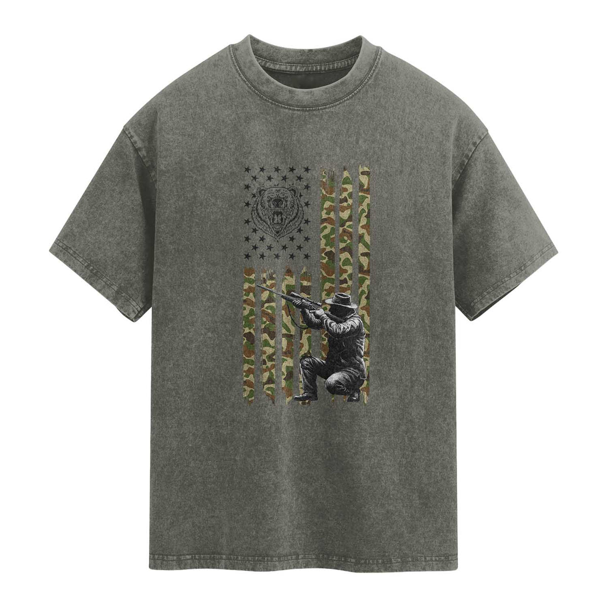 Bear Hunting Washed Cotton T-Shirt Camo American Flag Hunter Gift