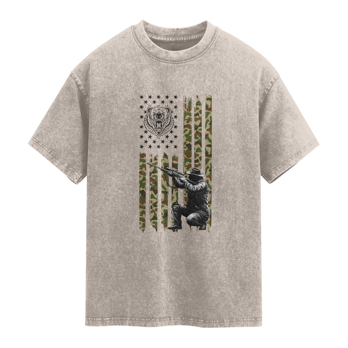 Bear Hunting Washed Cotton T-Shirt Camo American Flag Hunter Gift