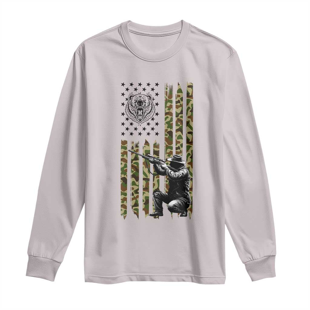 Bear Hunting Long Sleeve Shirt Camo American Flag Hunter Gift TS12 Ice Gray Print Your Wear