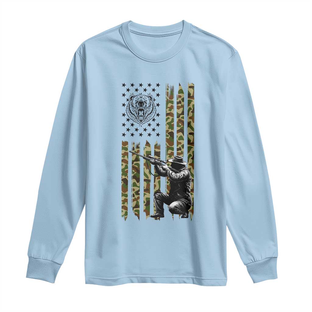 Bear Hunting Long Sleeve Shirt Camo American Flag Hunter Gift TS12 Light Blue Print Your Wear