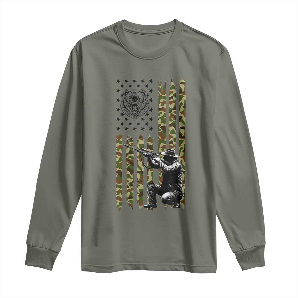 Bear Hunting Long Sleeve Shirt Camo American Flag Hunter Gift TS12 Military Green Print Your Wear