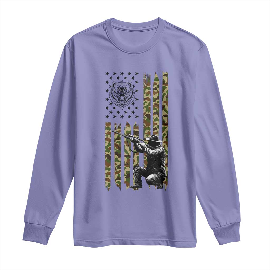 Bear Hunting Long Sleeve Shirt Camo American Flag Hunter Gift TS12 Violet Print Your Wear