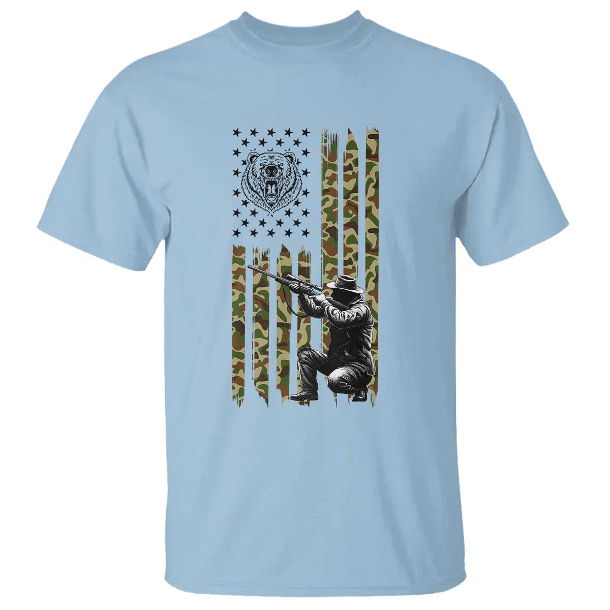 Bear Hunting T Shirt Camo American Flag Hunter Gift TS12 Light Blue Print Your Wear