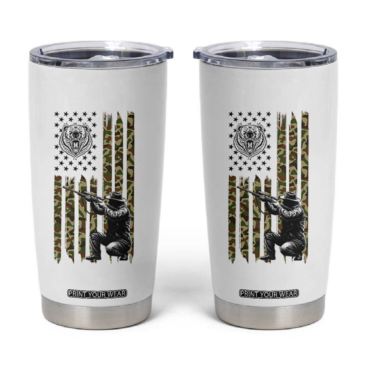 Bear Hunting Tumbler Cup Camo American Flag Hunter Gift TS12 White Print Your Wear
