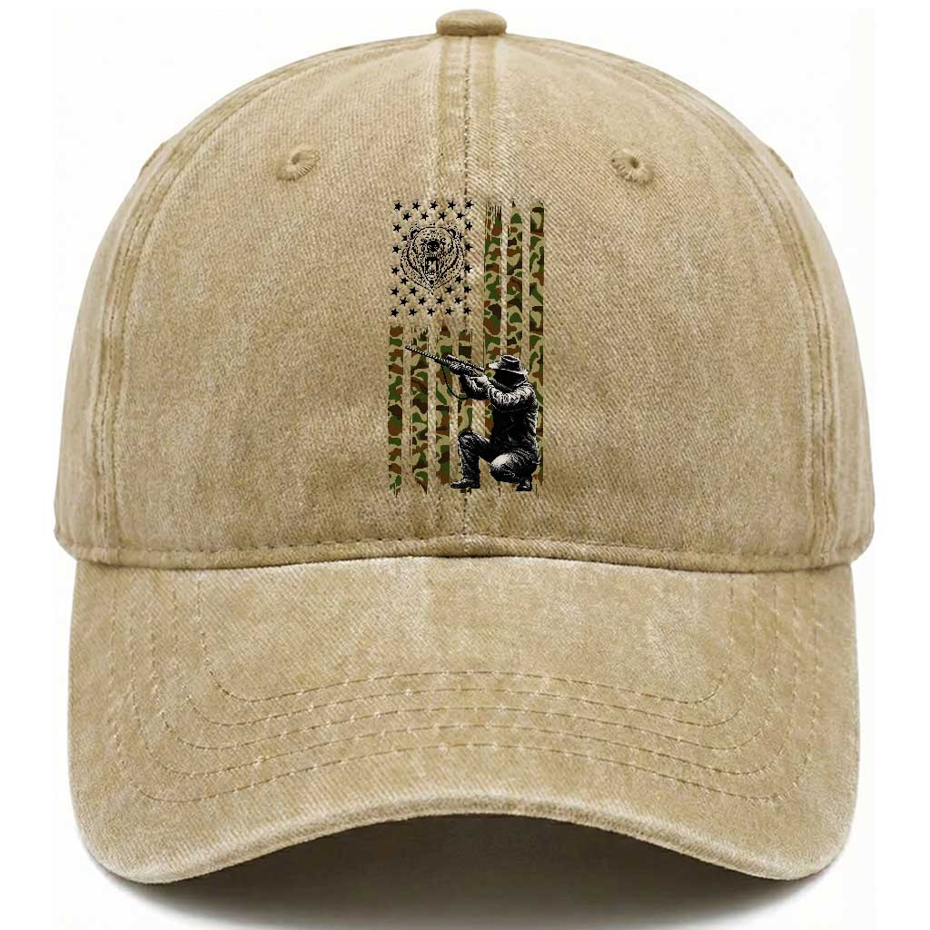 Bear Hunting Washed Cotton Baseball Cap Camo American Flag Hunter Gift TS12 Washed Cap Universal Fit Khaki Print Your Wear