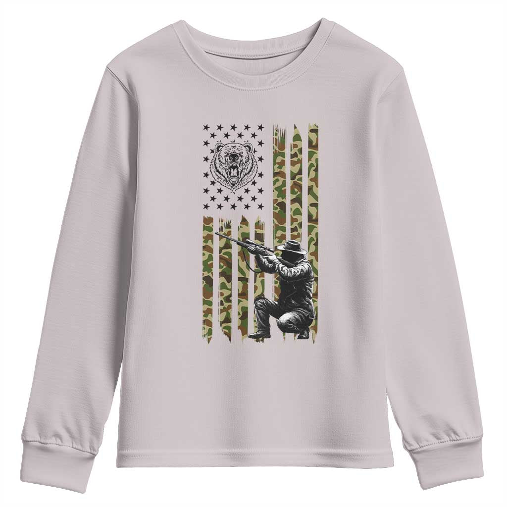 Bear Hunting Youth Sweatshirt Camo American Flag Hunter Gift TS12 Ice Gray Print Your Wear