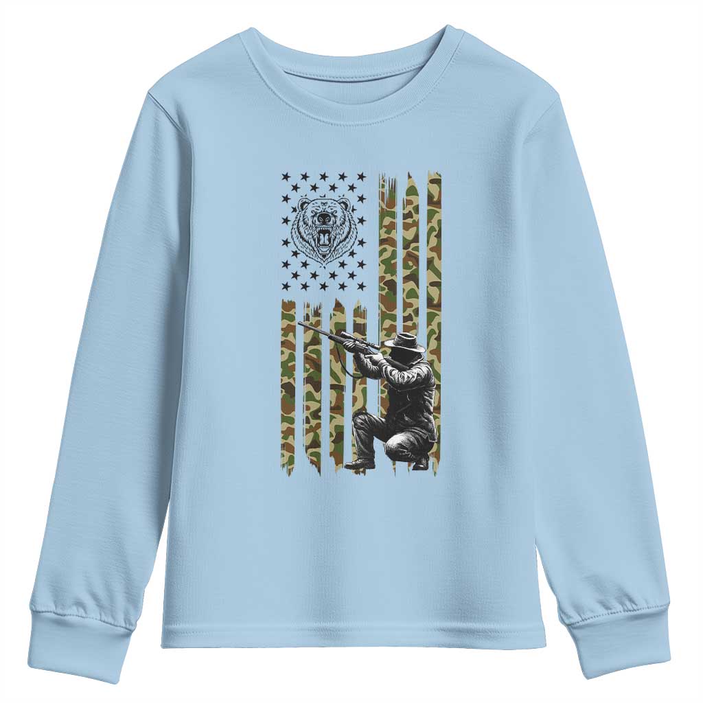 Bear Hunting Youth Sweatshirt Camo American Flag Hunter Gift TS12 Light Blue Print Your Wear