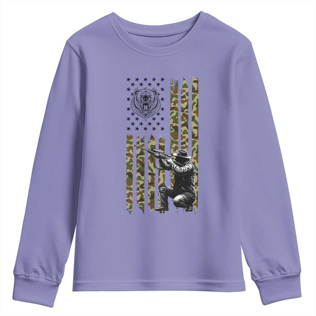 Bear Hunting Youth Sweatshirt Camo American Flag Hunter Gift TS12 Violet Print Your Wear