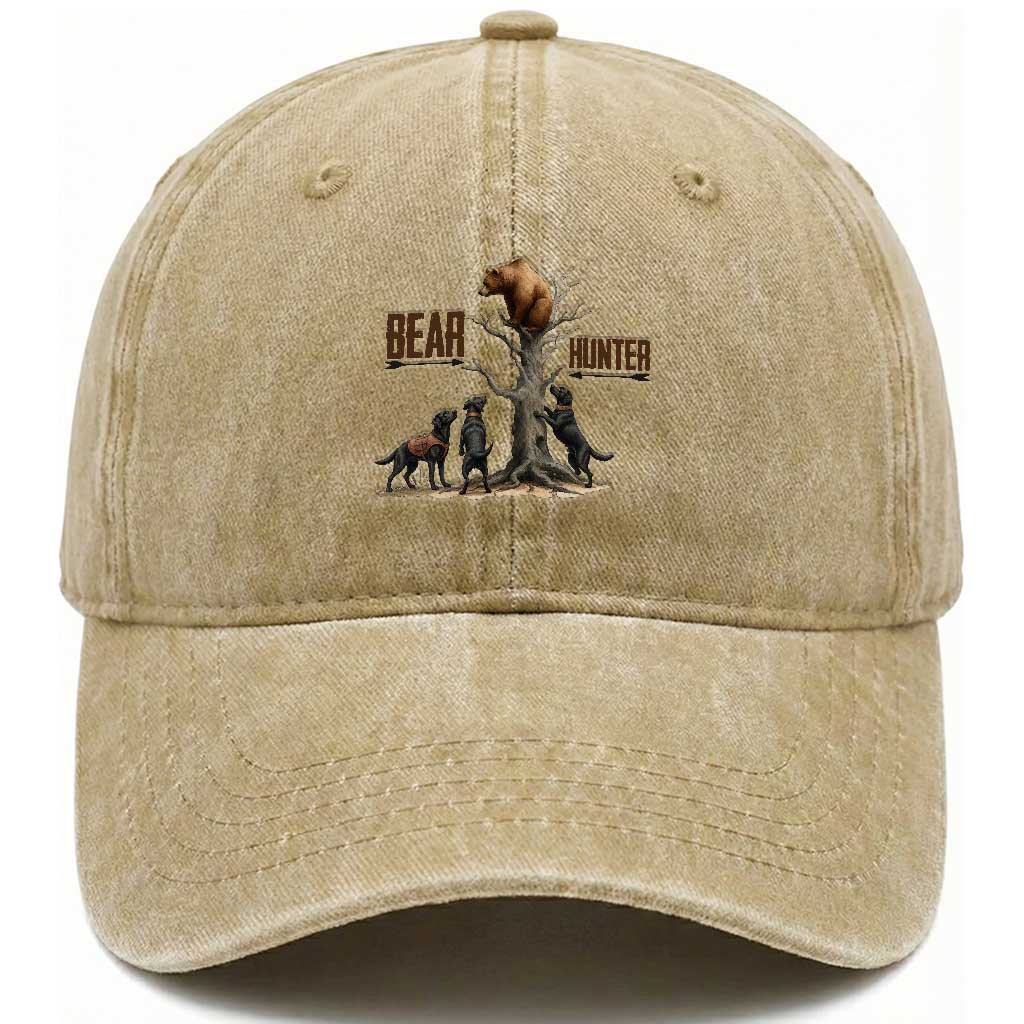 Bear Hunter Washed Cotton Baseball Cap Black Lab Retriever Funny Hunting Gift TS12 Washed Cap Universal Fit Khaki Print Your Wear