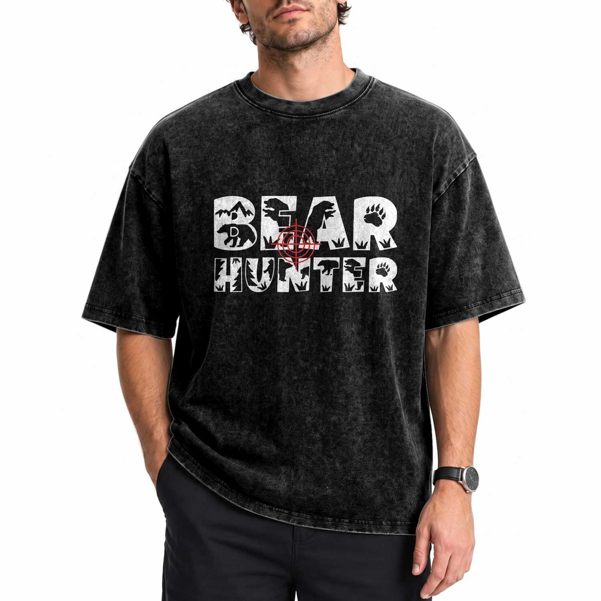 Bear Hunter Washed Cotton T-Shirt Outdoor Adventure Gift