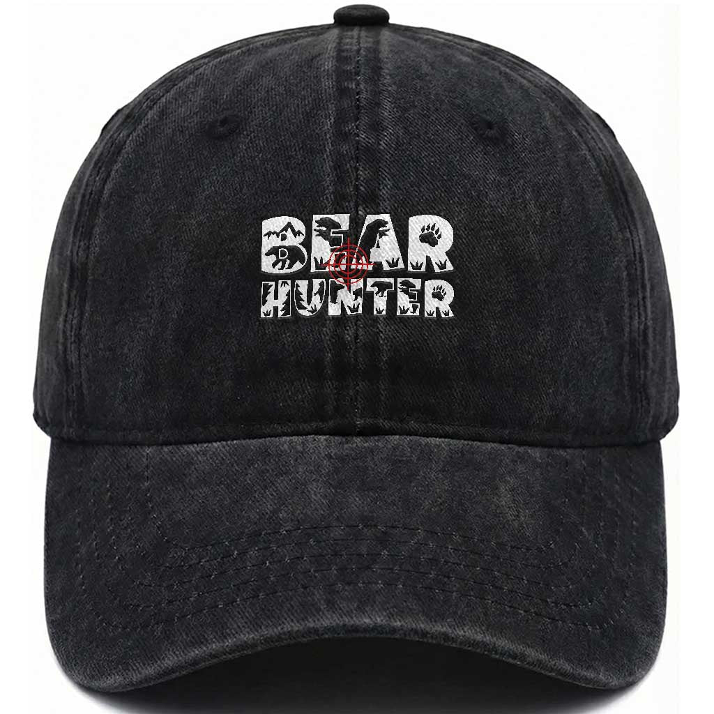 Bear Hunter Washed Cotton Baseball Cap Outdoor Adventure Gift TS12 Washed Cap Universal Fit Black Print Your Wear