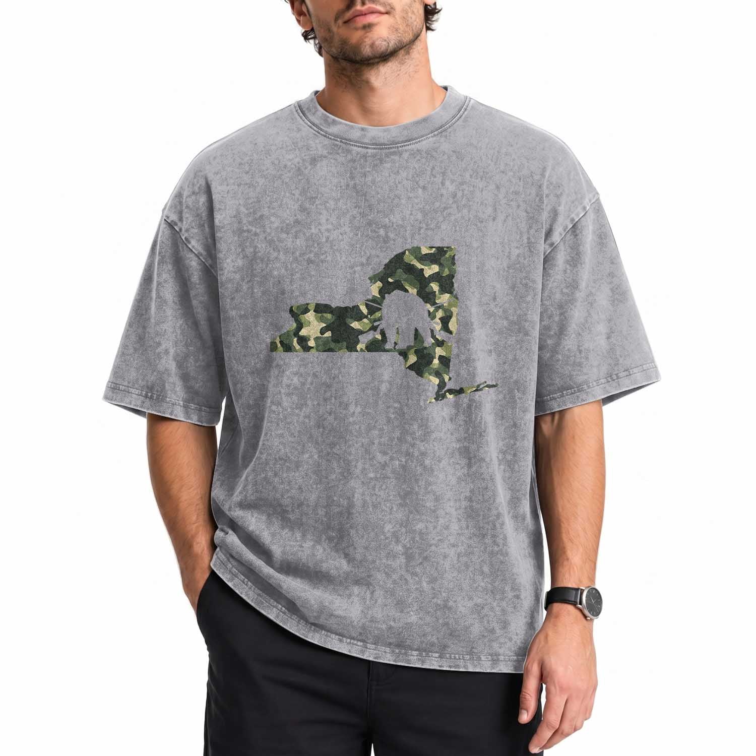 New York Bear Hunter Washed Cotton T-Shirt Camo Map Hunting Season Gift
