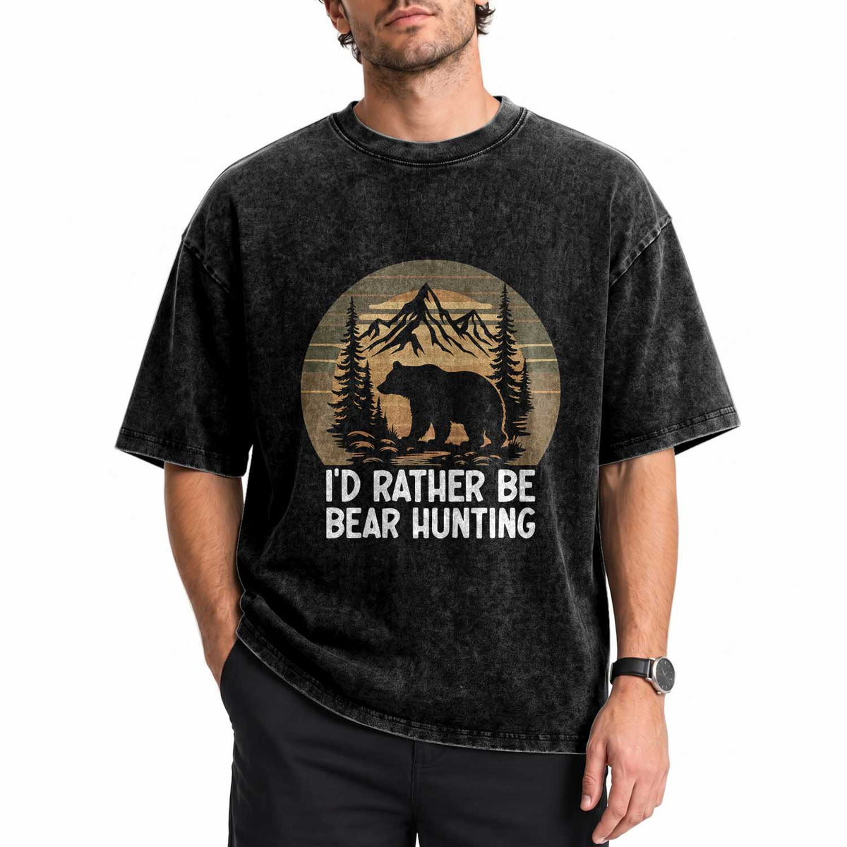 Id Rather Be Bear Hunting Washed Cotton T-Shirt Retro Sunset Hunter Gift