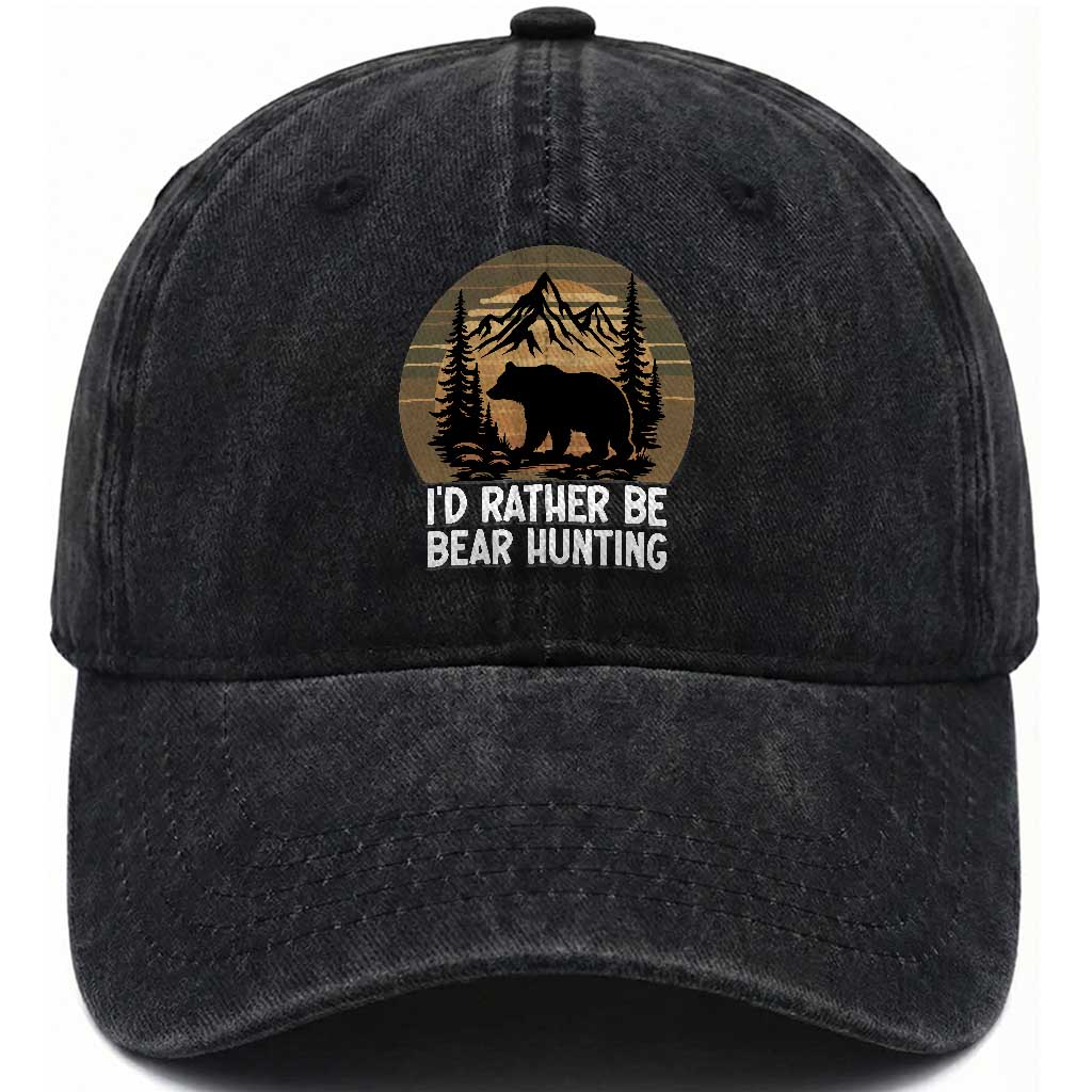 Id Rather Be Bear Hunting Washed Cotton Baseball Cap Retro Sunset Hunter Gift TS12 Washed Cap Universal Fit Black Print Your Wear