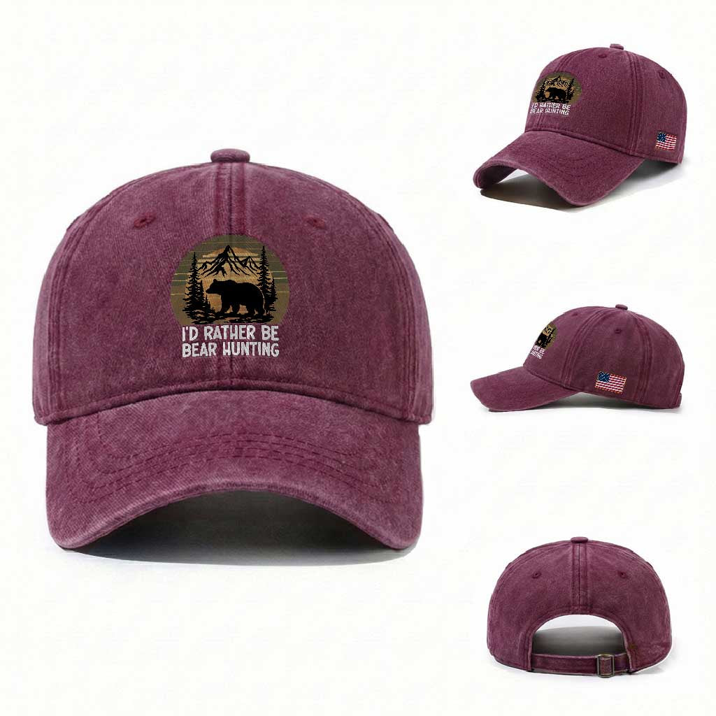 Id Rather Be Bear Hunting Washed Cotton Baseball Cap Retro Sunset Hunter Gift TS12 Washed Cap Universal Fit Burgundy Print Your Wear