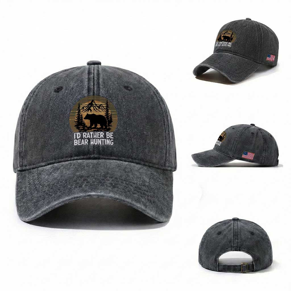 Id Rather Be Bear Hunting Washed Cotton Baseball Cap Retro Sunset Hunter Gift TS12 Washed Cap Universal Fit Dark Gray Print Your Wear