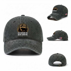 Id Rather Be Bear Hunting Washed Cotton Baseball Cap Retro Sunset Hunter Gift TS12 Washed Cap Universal Fit Dark Green Print Your Wear