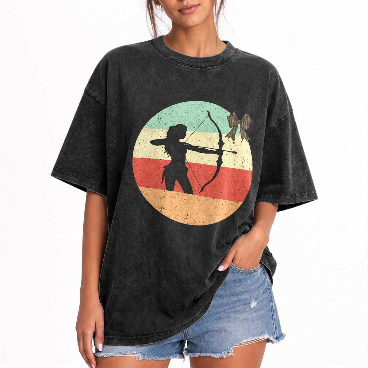 Retro Sunset Hunter Gift Washed Cotton T-Shirt Women Bow Hunters