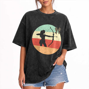 Retro Sunset Hunter Gift Washed Cotton T-Shirt Women Bow Hunters