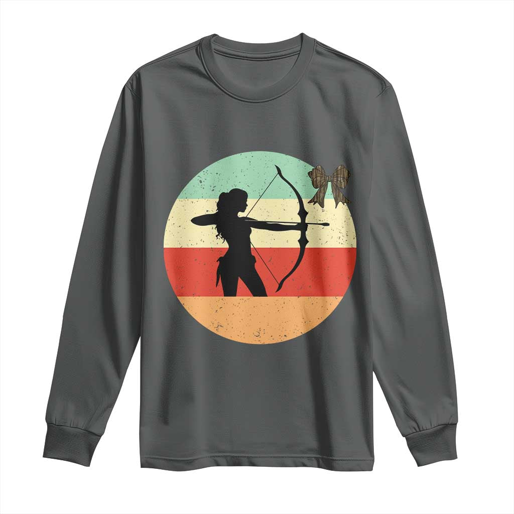 Retro Sunset Hunter Gift Long Sleeve Shirt Women Bow Hunters TS12 Dark Heather Print Your Wear