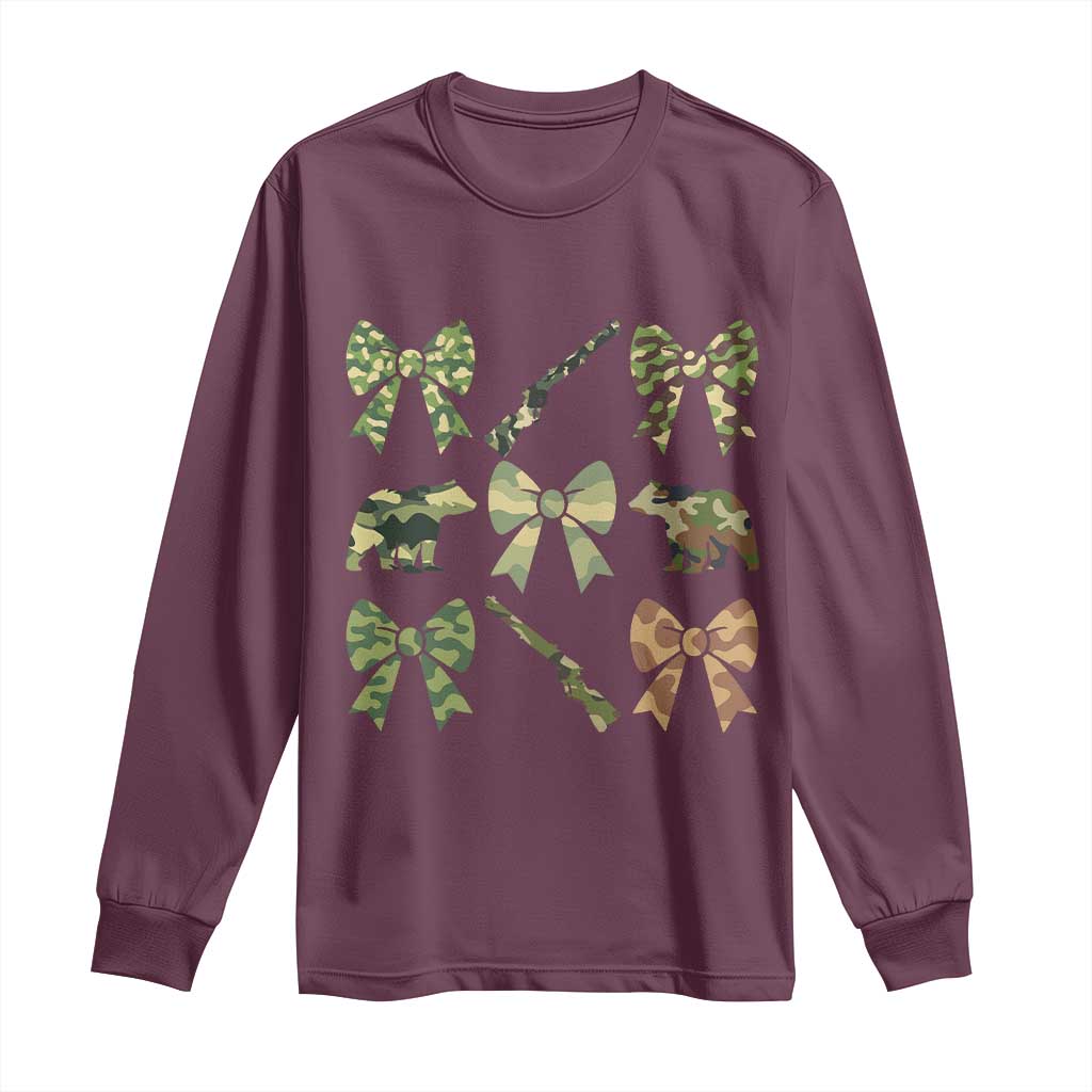 Women Bear Hunting Season Long Sleeve Shirt Camo Bow Coquette Gift TS12 Maroon Print Your Wear