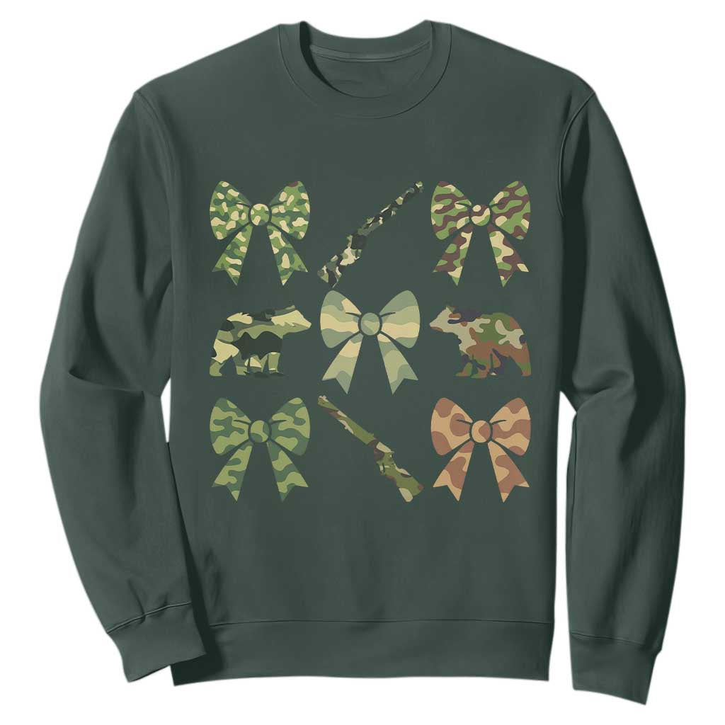 Women Bear Hunting Season Sweatshirt Camo Bow Coquette Gift TS12 Dark Forest Green Print Your Wear