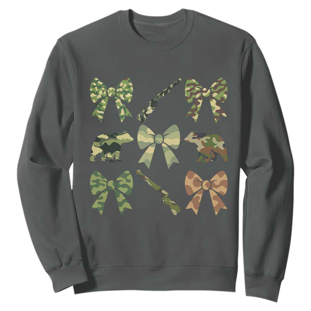 Women Bear Hunting Season Sweatshirt Camo Bow Coquette Gift TS12 Dark Heather Print Your Wear