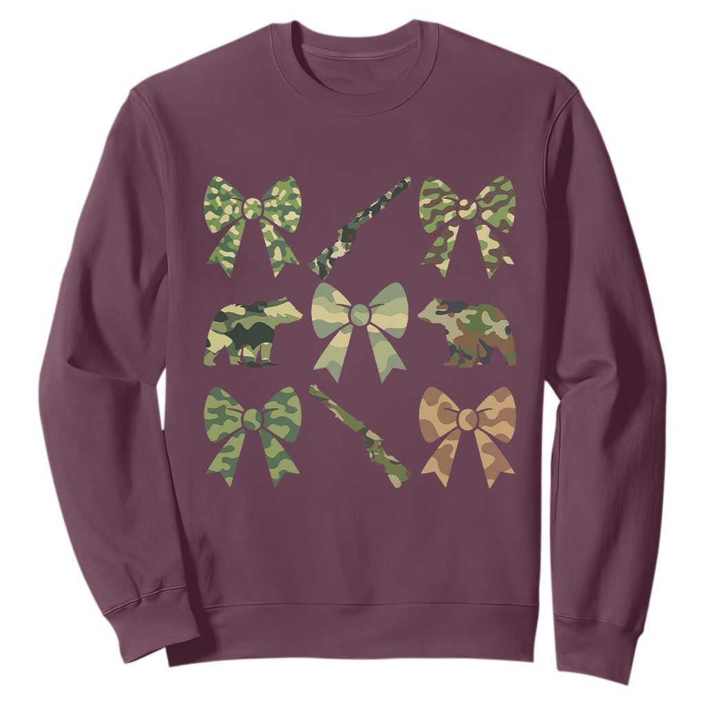 Women Bear Hunting Season Sweatshirt Camo Bow Coquette Gift TS12 Maroon Print Your Wear