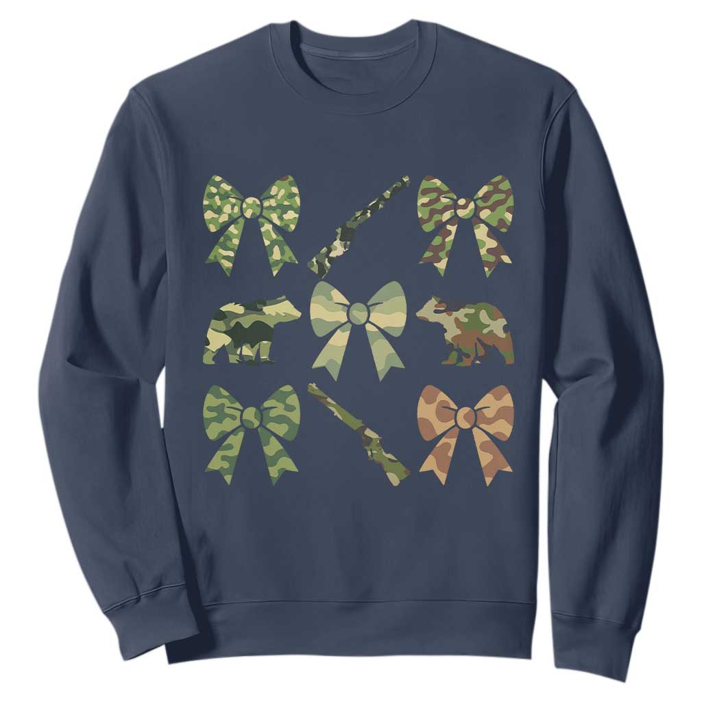 Women Bear Hunting Season Sweatshirt Camo Bow Coquette Gift TS12 Navy Print Your Wear