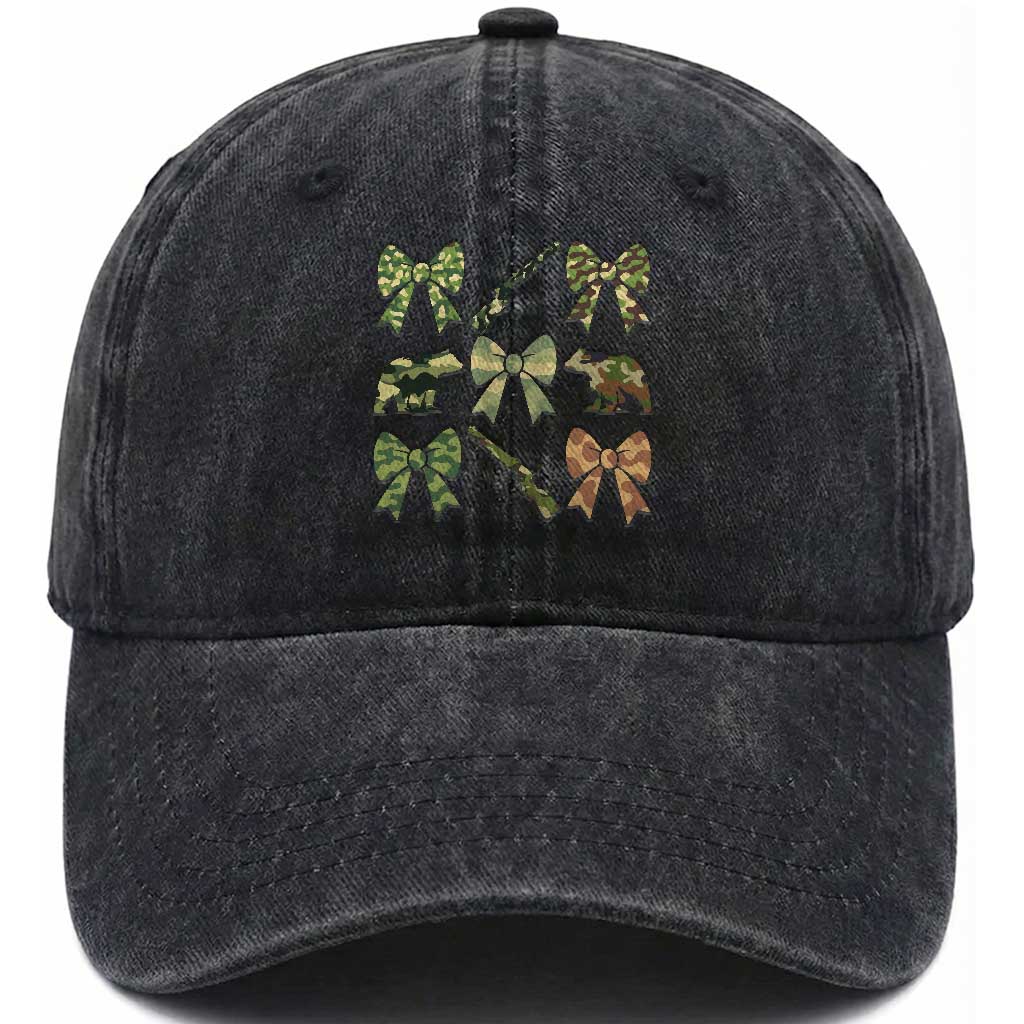 Women Bear Hunting Season Washed Cotton Baseball Cap Camo Bow Coquette Gift TS12 Washed Cap Universal Fit Black Print Your Wear