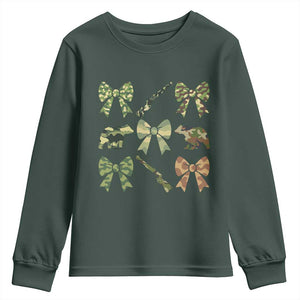 Women Bear Hunting Season Youth Sweatshirt Camo Bow Coquette Gift TS12 Dark Forest Green Print Your Wear