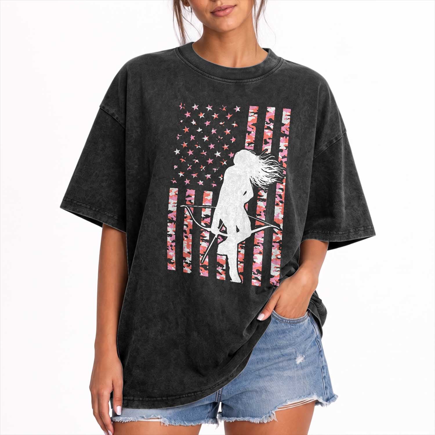 Patriotic Women Bow Hunter Washed Cotton T-Shirt American Flag Pink Camo Gift