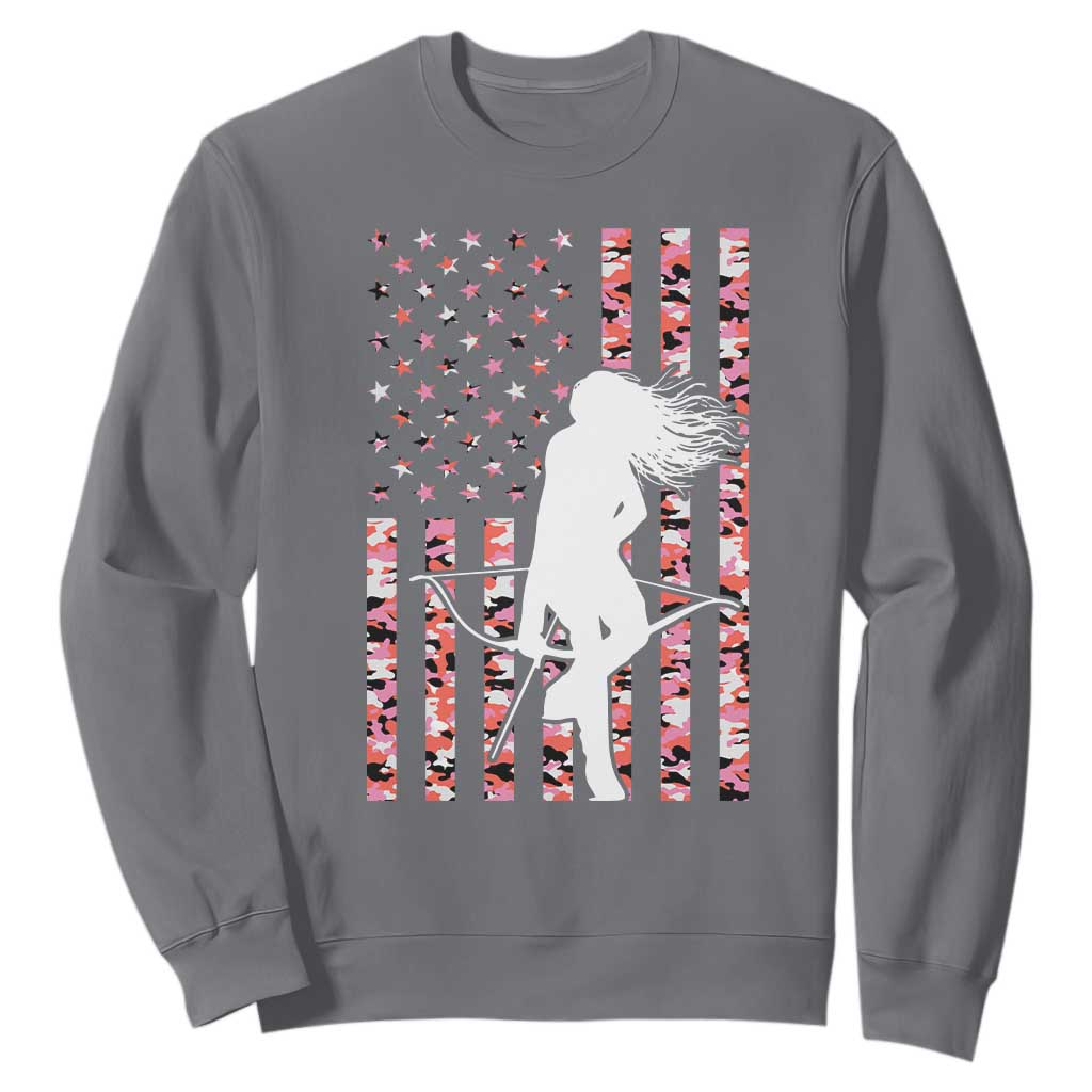 Patriotic Women Bow Hunter Sweatshirt American Flag Pink Camo Gift TS12 Charcoal Print Your Wear