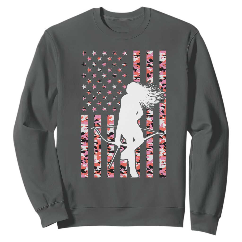 Patriotic Women Bow Hunter Sweatshirt American Flag Pink Camo Gift TS12 Dark Heather Print Your Wear