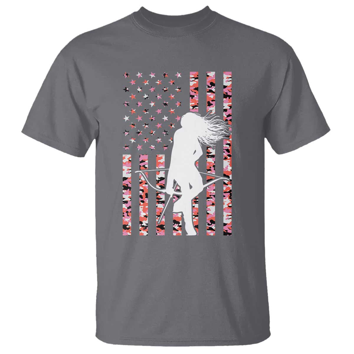 Patriotic Women Bow Hunter T Shirt American Flag Pink Camo Gift TS12 Charcoal Print Your Wear