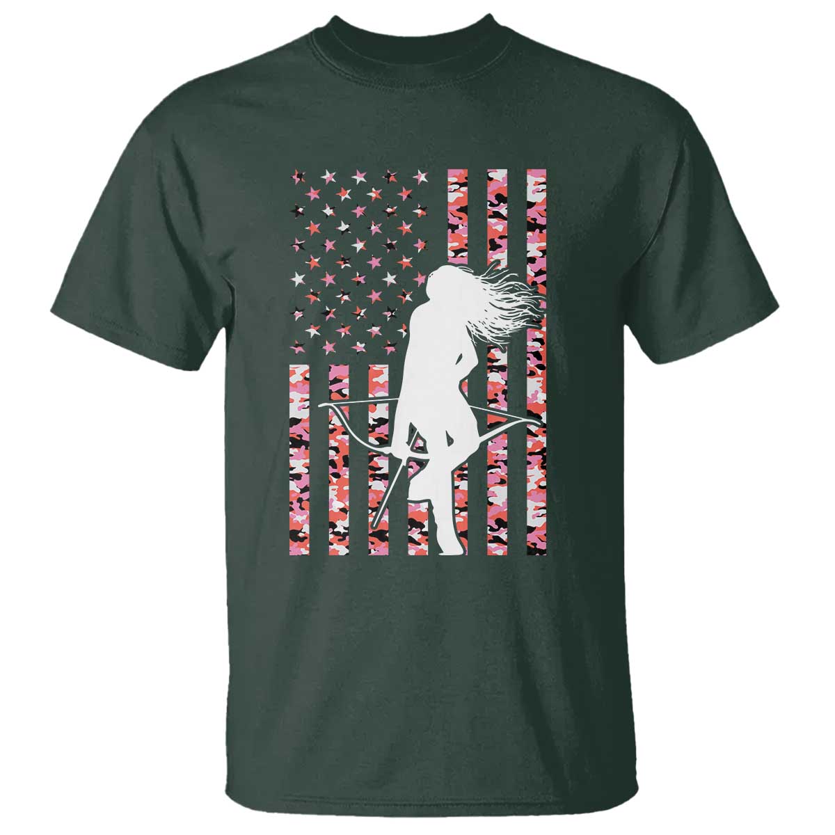 Patriotic Women Bow Hunter T Shirt American Flag Pink Camo Gift TS12 Dark Forest Green Print Your Wear