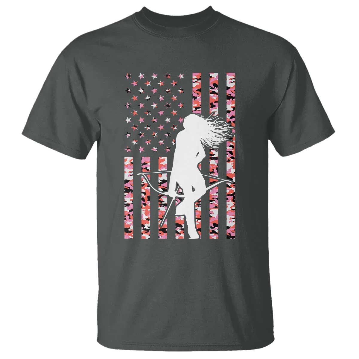 Patriotic Women Bow Hunter T Shirt American Flag Pink Camo Gift TS12 Dark Heather Print Your Wear